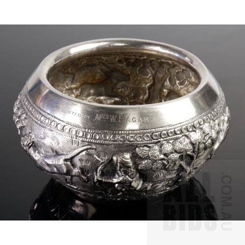 Burmese Heavily Repousse Silver Sugar Bowl with Inscription