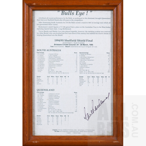"Bulls Eye!" Framed Photograph of the Queensland Bulls Historic 1994-95 Sheffield Shield Final Victory Against South Australia