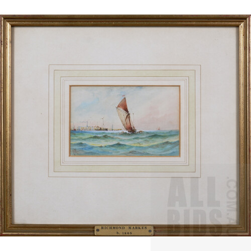 Richmond Markes (active 1890-1920), A Fishing Smack, Pencil and Coloured Washes, 8.5 x 13 cm