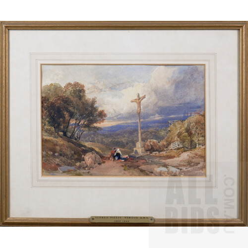 Alfred Pizzey Newton (1830-1883), A Woody Landscape with Figures by a Cross, Pencil and Coloured Washes, 19 x 29 cm