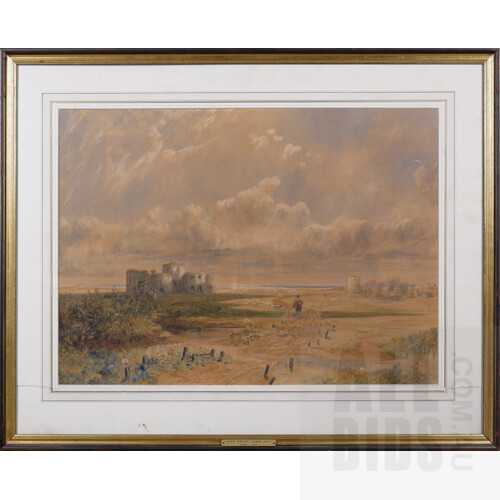 John Wright Oakes (1820-1887), A View of Coombe at Rye in Sussex with a Shepherd and his Flock in the Foreground 1864, Pencil and Coloured Washes, 55 x 76 cm
