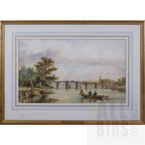 James Clarke Waite (1832-1920), Anglers in a Punt on a River Near a Bridge, Watercolour Heightened with White, 31.5 x 52 cm