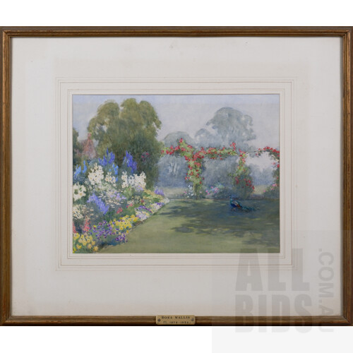 Rosa Wallis (1857-c.1930), A View of a Garden with a Peacock, Pencil & Coloured Washes, 22 x 29 cm