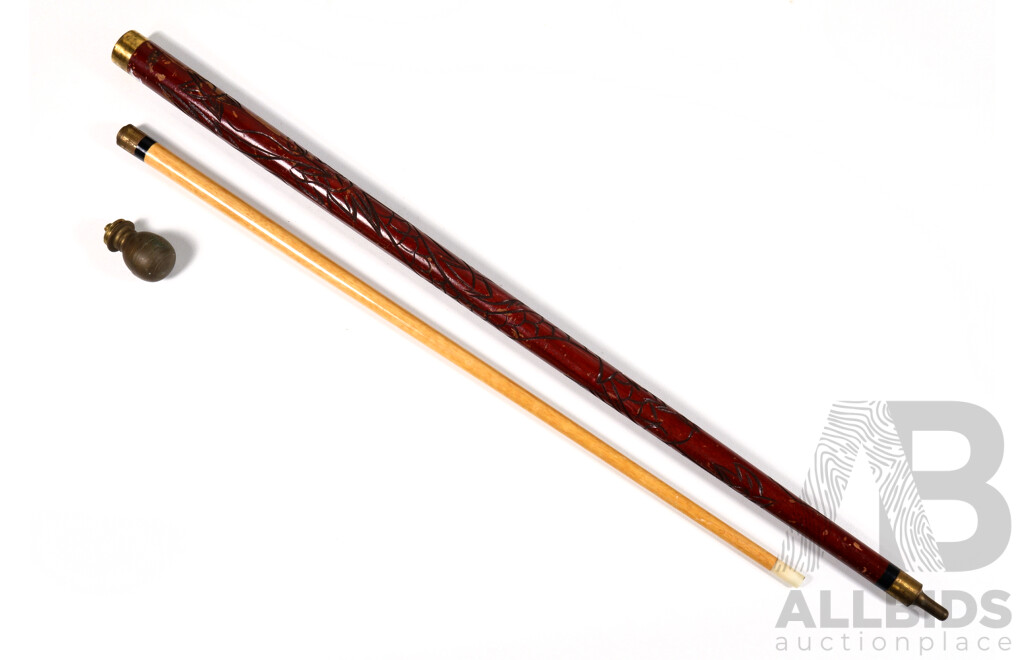 Two Section Billard Cue Contained in Walking Stick with Hand Carved Detail