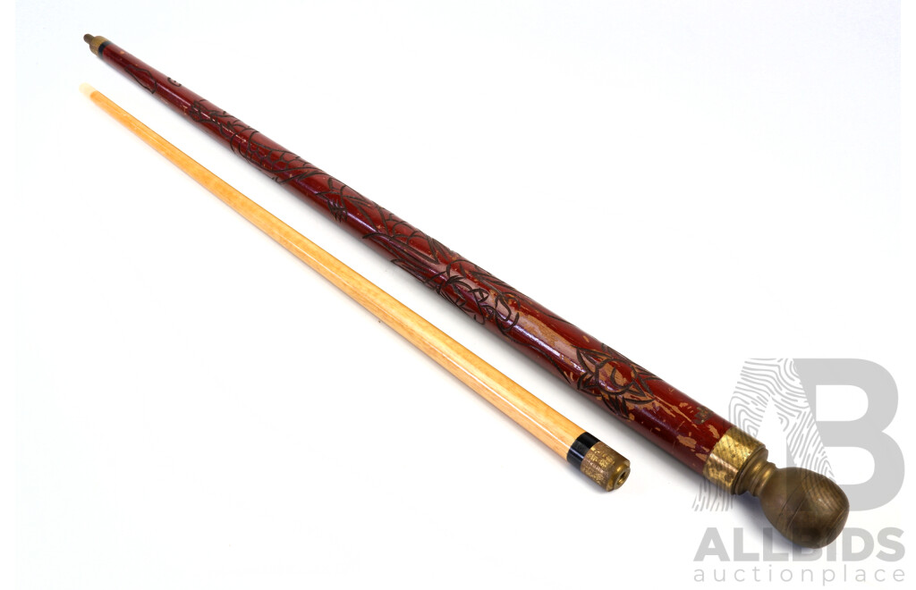 Two Section Billard Cue Contained in Walking Stick with Hand Carved Detail