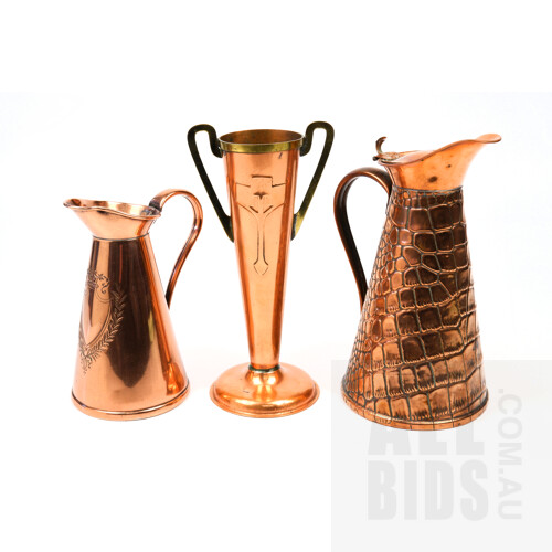 Three Antique Art Nouveau Copper Items Including Alligator Print J Sankey Lidded Jug, JalesBrass Handled Vase and J Sankey Copper Jug