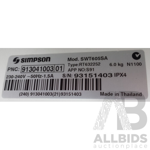Simpson EZI Sensor 6.0Kg Washing Machine SWT605SA