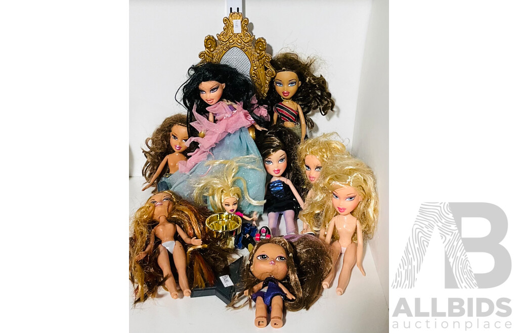 A Collection of Nine Bratz Dolls, Including Accessories Such as Working Throne, Gold Coloured Container and More