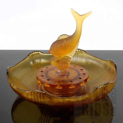 Art Deco Amber Glass Float Bowl with Leaping Fish Frog