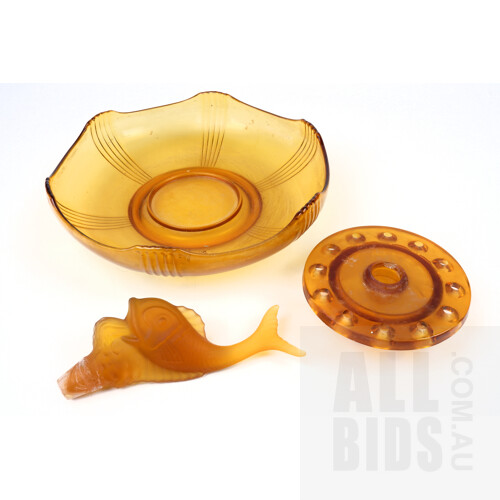 Art Deco Amber Glass Float Bowl with Leaping Fish Frog