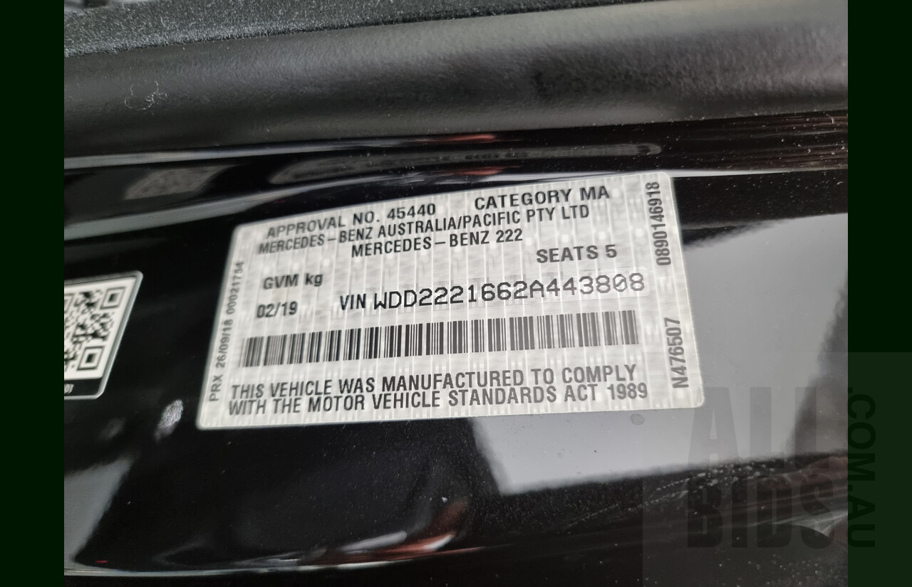 2/2019 Mercedes-Benz S450 L V222 4d Sedan Obsidian Black 3.0L Twin Turbo