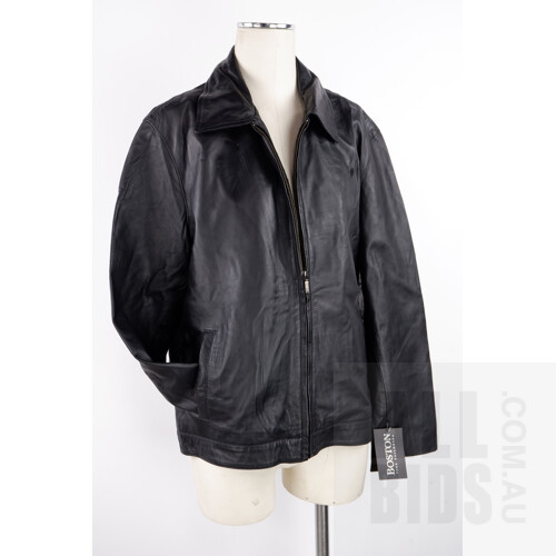Boston Fine Tailoring Leather and Satin Black Zip Up Jacket with Pockets