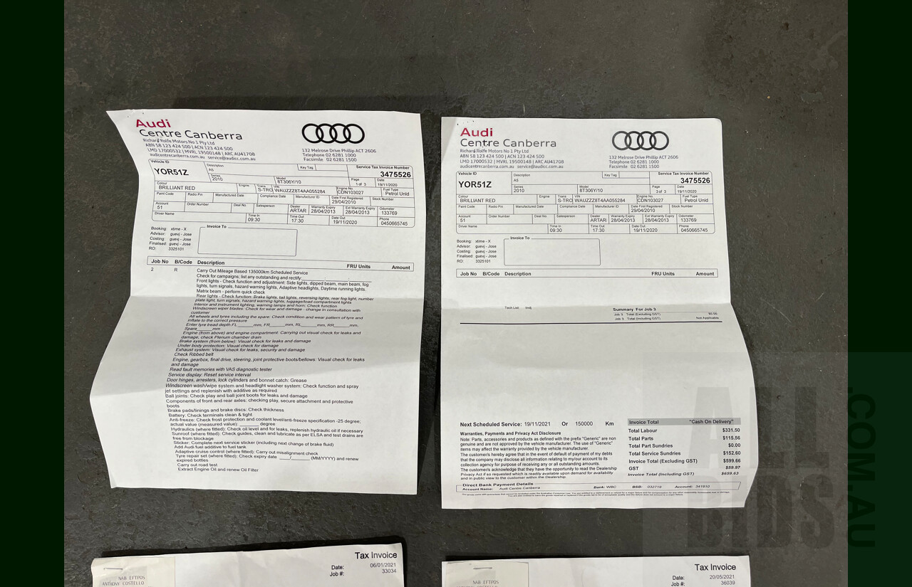 2/2010 Audi A5 S-Line 2.0 TFSI Quattro 8T 2d Coupe Red 2.0L Turbo