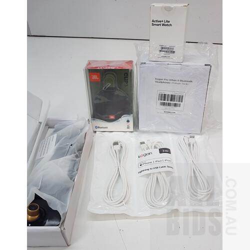 Assorted Gadgets Including Bluetooth Headphones, Portable Bluetooth Speaker, Active + Lite Smart Watch, iPhone|iPad|iPod Lightning to USB Cable Pack, and Rear View Mirror with Dash and Reverse Camera  - Lot of 5 - ORP $255.92