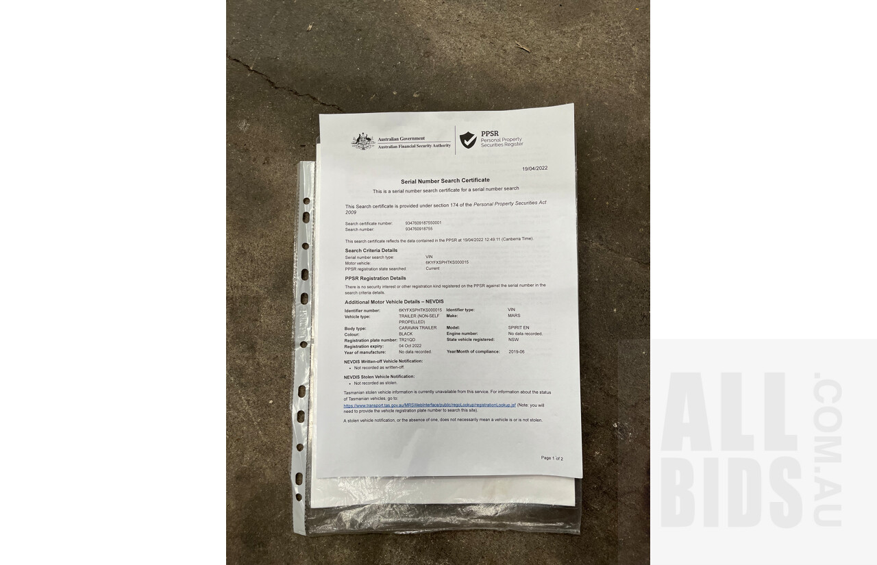 2019 Mars Campers Trailers Spirit HT Off-Road Camper Trailer - Rego: TR21QD (NSW) - Vin number: SKYFXSPHTKS000015