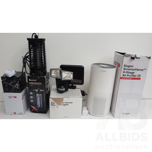 Assortment of Electronics Including Kogan Air Purifier, Smart Aroma Diffuser, Electric Insect Killer, and Motion Sensor LED Flood Light - Lot of 4  - Total ORP $257.98