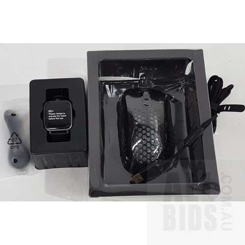 Kogan GM-AIR Ultra Lightweight RGB 6400dpi Gaming Mouse (Black) and Kogan Pulse+ Lite Smart Watch (Classic Black) - Lot of 2