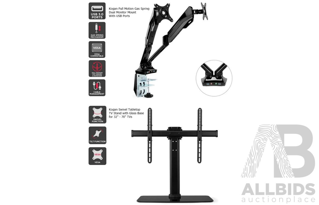Kogan Dual Monitor Mount and Swivel Tabletop TV Stand with Glass Base - Lot of 2 - ORP $148.99
