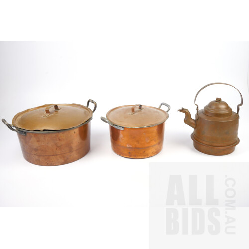 Two Antique Copper Cooking Pots and a Kettle