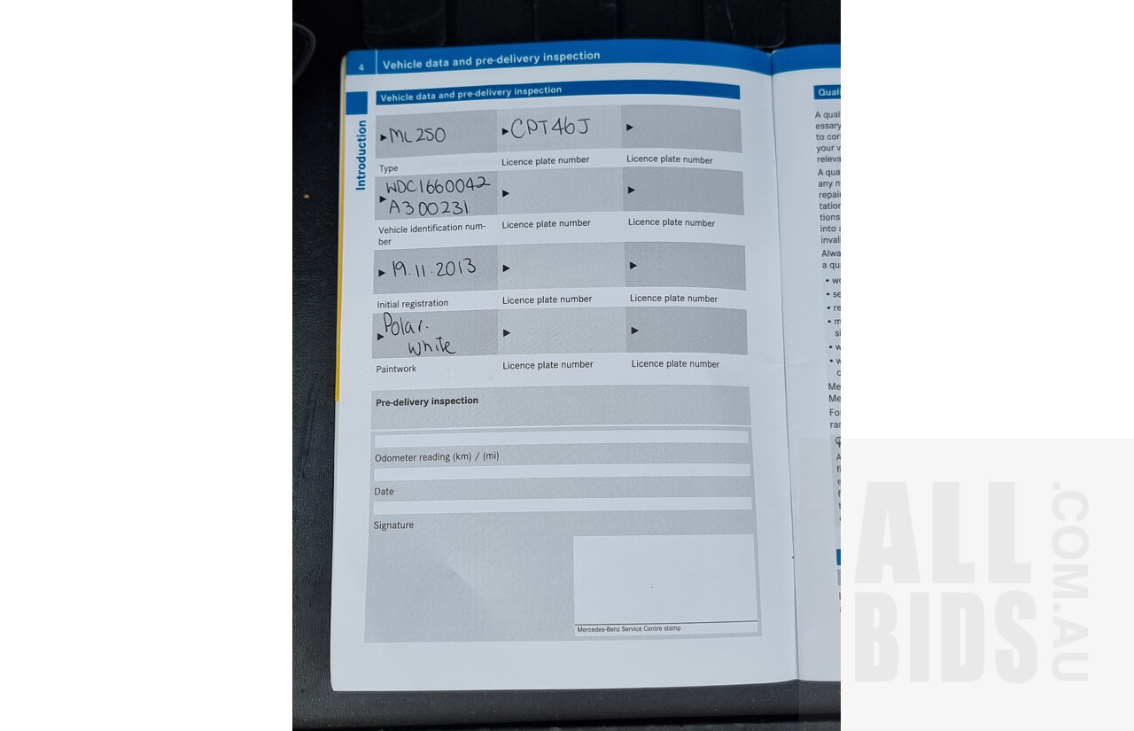 11/2013 Mercedes-Benz ML 250 CDI Bluetec (4x4) 166 4d Wagon Polar White 2.1L Turbo Diesel