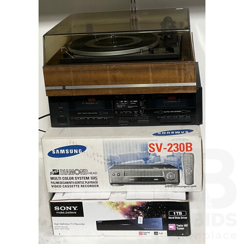 Dual Vintage Record Player, Onkyo Stereo Double Cassette Deck and Samsung SV-230B Multi Colour System VHS Recorder and Sony High Definition TV Recorder With Hard Disk Drive SVR-HDT1000 Both in Original Boxes