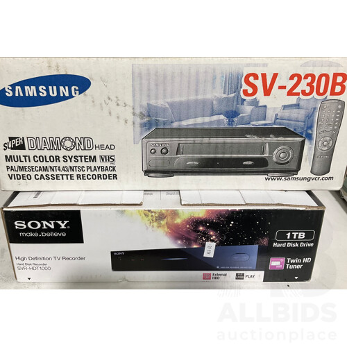 Dual Vintage Record Player, Onkyo Stereo Double Cassette Deck and Samsung SV-230B Multi Colour System VHS Recorder and Sony High Definition TV Recorder With Hard Disk Drive SVR-HDT1000 Both in Original Boxes