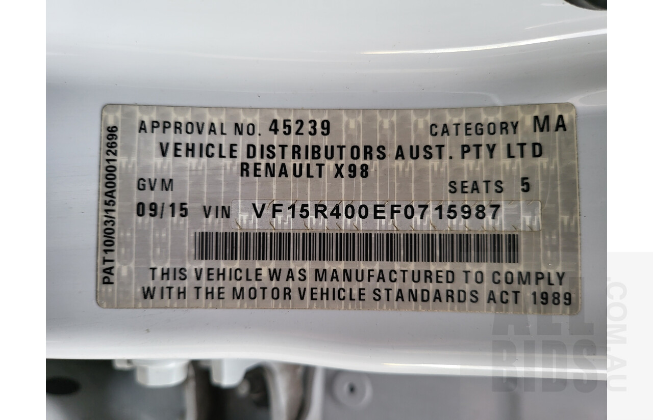 9/2015 Renault Clio Expression X98 5d Hatchback White 1.2L