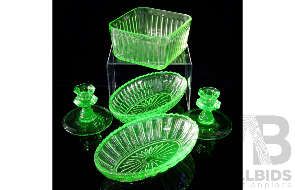 Collection Five Antique Uranium Glass Items Including Pair Candle Holders, Pair Elongated Dishes and More