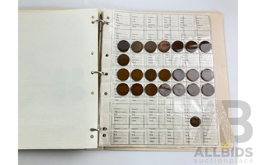 Coin Collection Folder Containing Australian and International Coins Including Pre Decimal, Pennies/Half Pennies, Phone Tokens and More