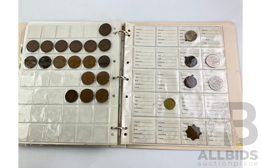 Coin Collection Folder Containing Australian and International Coins Including Pre Decimal, Pennies/Half Pennies, Phone Tokens and More