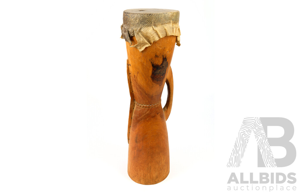 Papua New Guinea Hand Carved Kundu Drum with Lizard Skin Head