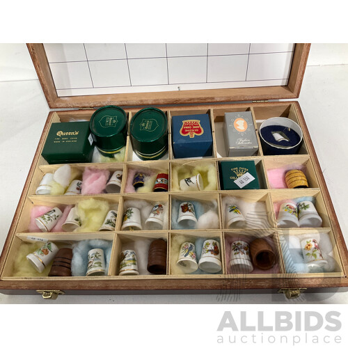 Collection of Collectible Thimbles in Carrying Case - Some in Individual Boxes and Including Those Made of Wood, China and More