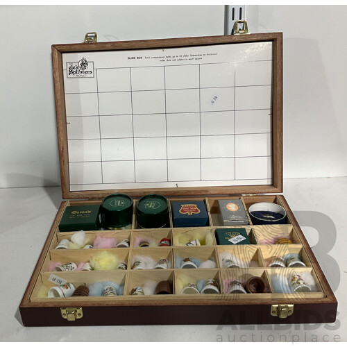 Collection of Collectible Thimbles in Carrying Case - Some in Individual Boxes and Including Those Made of Wood, China and More