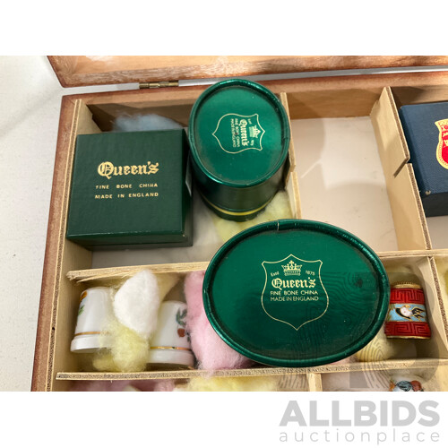 Collection of Collectible Thimbles in Carrying Case - Some in Individual Boxes and Including Those Made of Wood, China and More