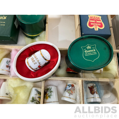 Collection of Collectible Thimbles in Carrying Case - Some in Individual Boxes and Including Those Made of Wood, China and More
