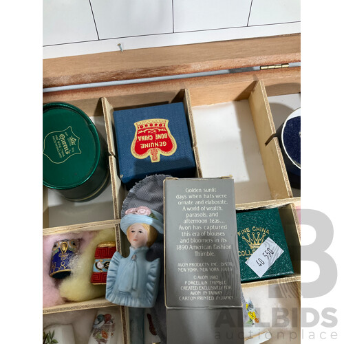 Collection of Collectible Thimbles in Carrying Case - Some in Individual Boxes and Including Those Made of Wood, China and More