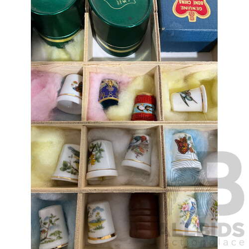 Collection of Collectible Thimbles in Carrying Case - Some in Individual Boxes and Including Those Made of Wood, China and More