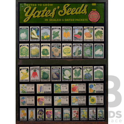 Vintage 1950s Yates' Seeds Display, Original Seed Packets Presented in Hand-Painted Metal Frame, 86 x 65 cm