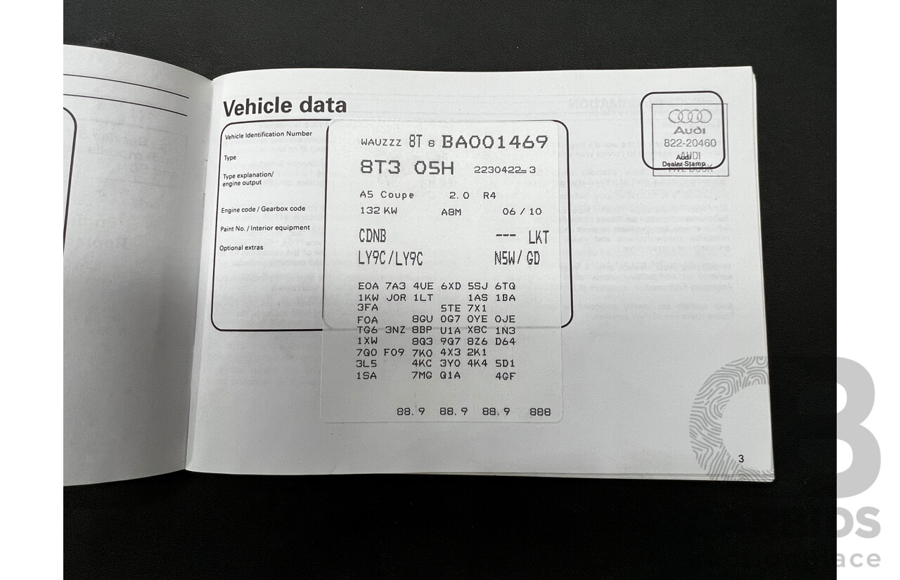 9/2010 Audi A5 2.0 TFSI 8T 2d Coupe White 2.0L Turbo