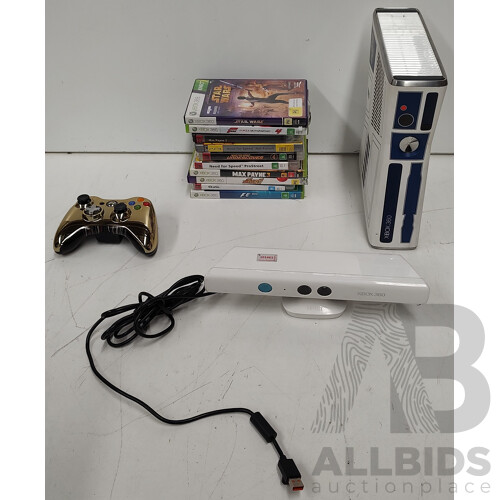 Microsoft (1439) Xbox 360 R2D2 Patterning w/ 360 Kinect, C3P0 Controller & 10 Video Games