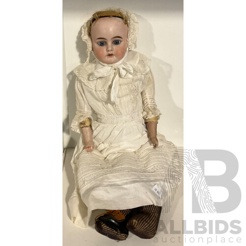 Vintage Ernst Heubach Doll Circa Early 1900s - With Horse Shoe Stamp to Back and Lace Dress and Bonnet