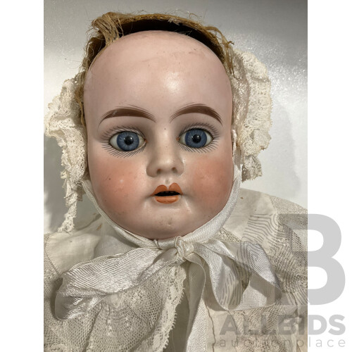 Vintage Ernst Heubach Doll Circa Early 1900s - With Horse Shoe Stamp to Back and Lace Dress and Bonnet