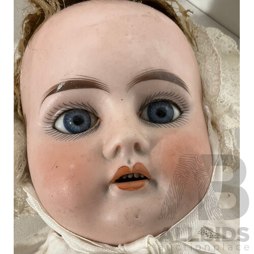 Vintage Ernst Heubach Doll Circa Early 1900s - With Horse Shoe Stamp to Back and Lace Dress and Bonnet