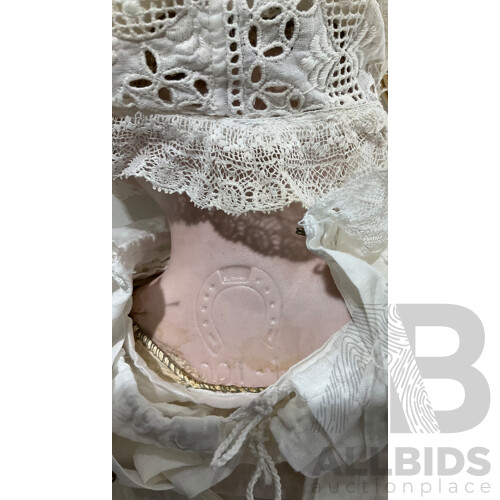 Vintage Ernst Heubach Doll Circa Early 1900s - With Horse Shoe Stamp to Back and Lace Dress and Bonnet