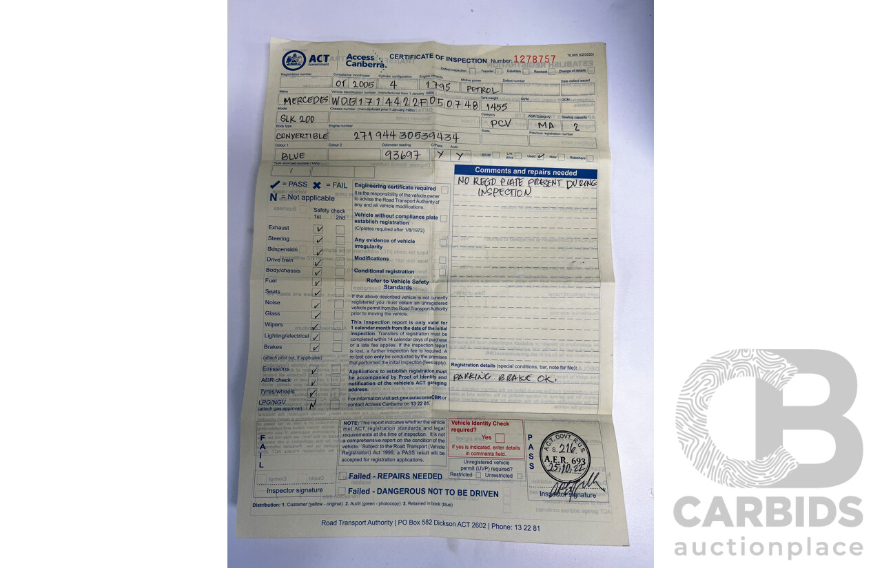 1/2005 Mercedes-Benz SLK 200 Kompressor R171 2d Convertible Blue 1.8L Supercharged