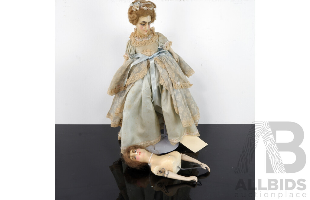 Two Antique Wax Over Composition Half Head Dolls