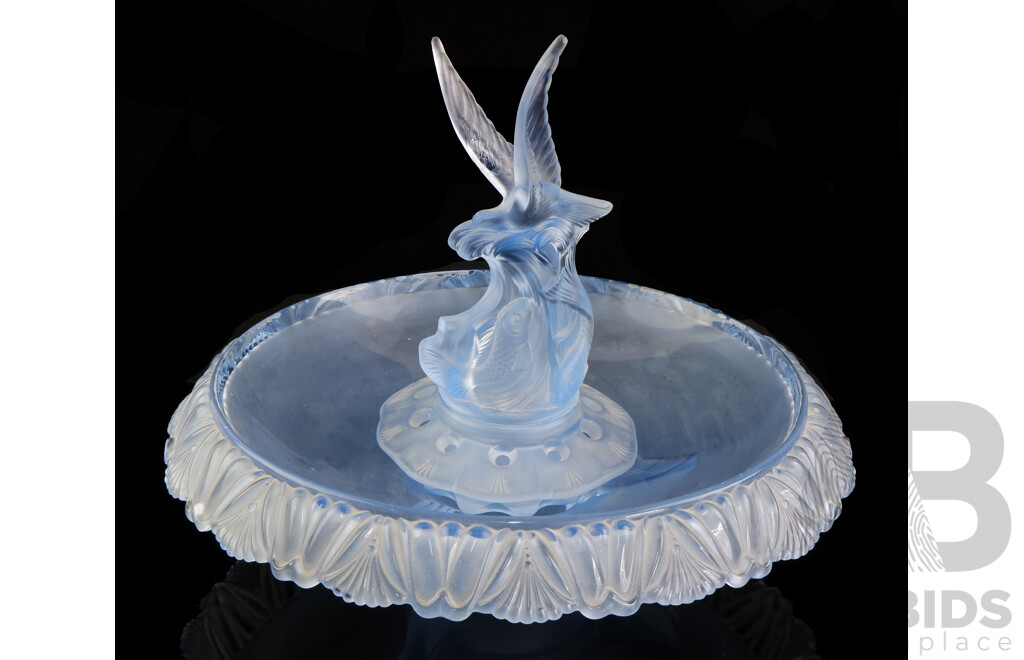 Vintage Ice Blue Depression Glass Float Bowl with Frog Insert, Seagull with Fish in Waves Centrepiece