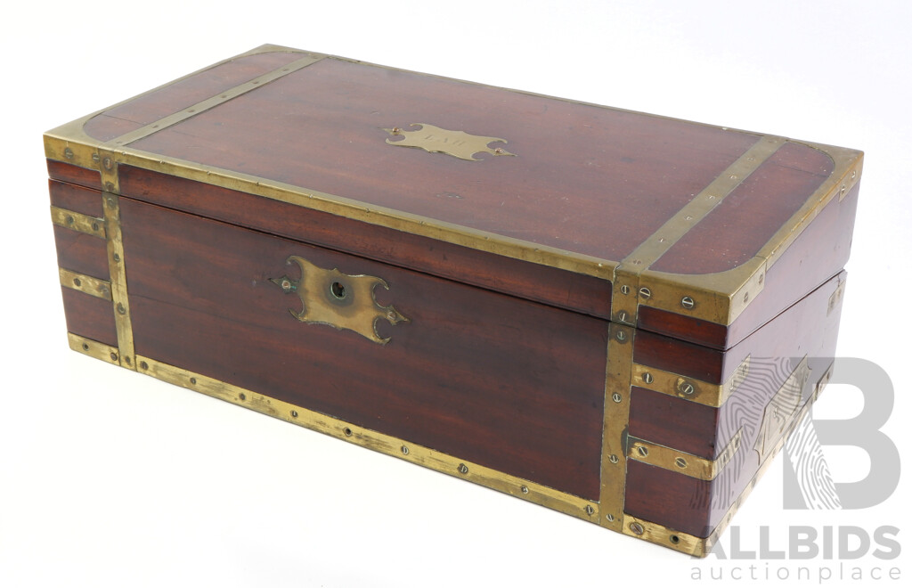 Antique Mahogany Writting Slope with Brass Fittings and Key, as Found