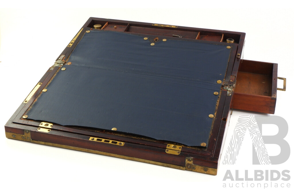 Antique Mahogany Writting Slope with Brass Fittings and Key, as Found