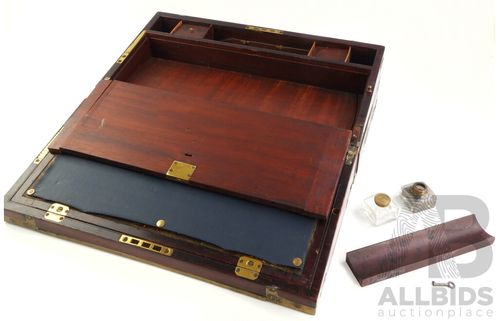 Antique Mahogany Writting Slope with Brass Fittings and Key, as Found